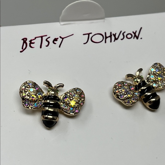 BETSEY JOHNSON BUMBLEBEE EARRINGS GOLD BLACK STRIPE IRIDESCENT RHINESTONES NWT - Picture 7 of 8
